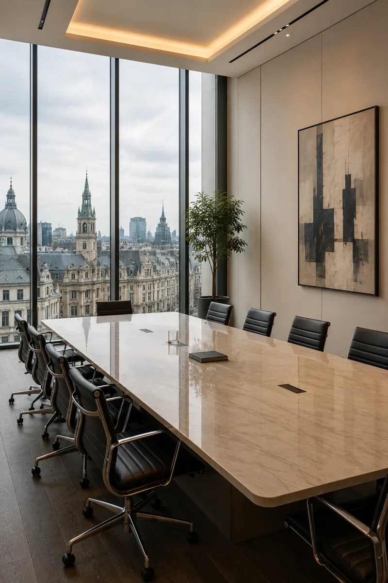 A boardroom overlooking a European cityscape